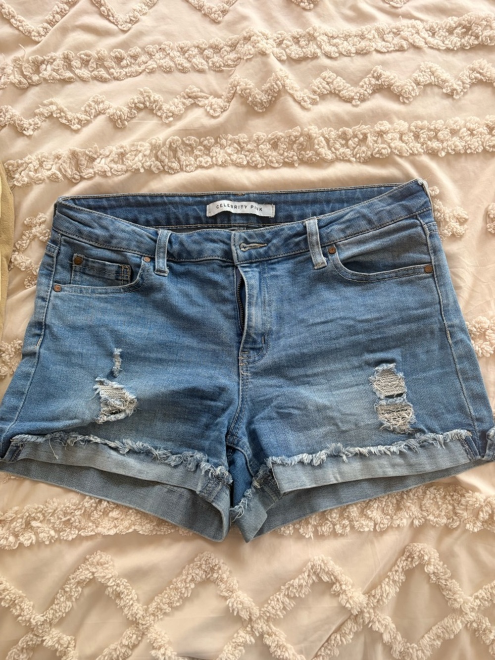 Celebrity Pink Light Blue Distressed Denim Shorts